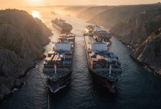 Oil tankers navigating narrow strait between rocky coastlines at dawn, aerial view