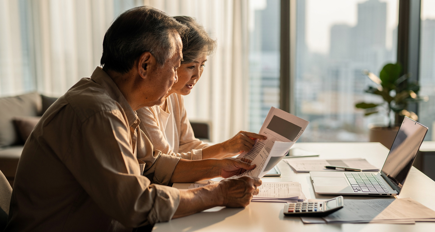 Older couple reviewing retirement documents in modern Asian apartment with city view