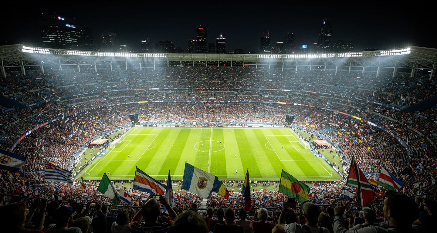 Packed football stadium at night with fans holding Asian national flags under dramatic lighting