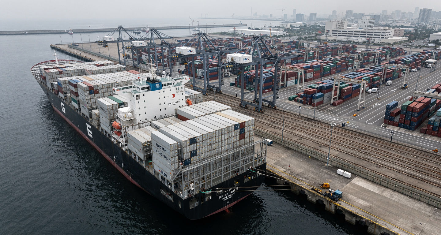 Refrigerated cargo containers stacked at Japanese port terminal