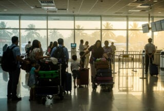 Returning overseas workers arriving at Manila airport terminal with luggage