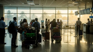 Returning overseas workers arriving at Manila airport terminal with luggage