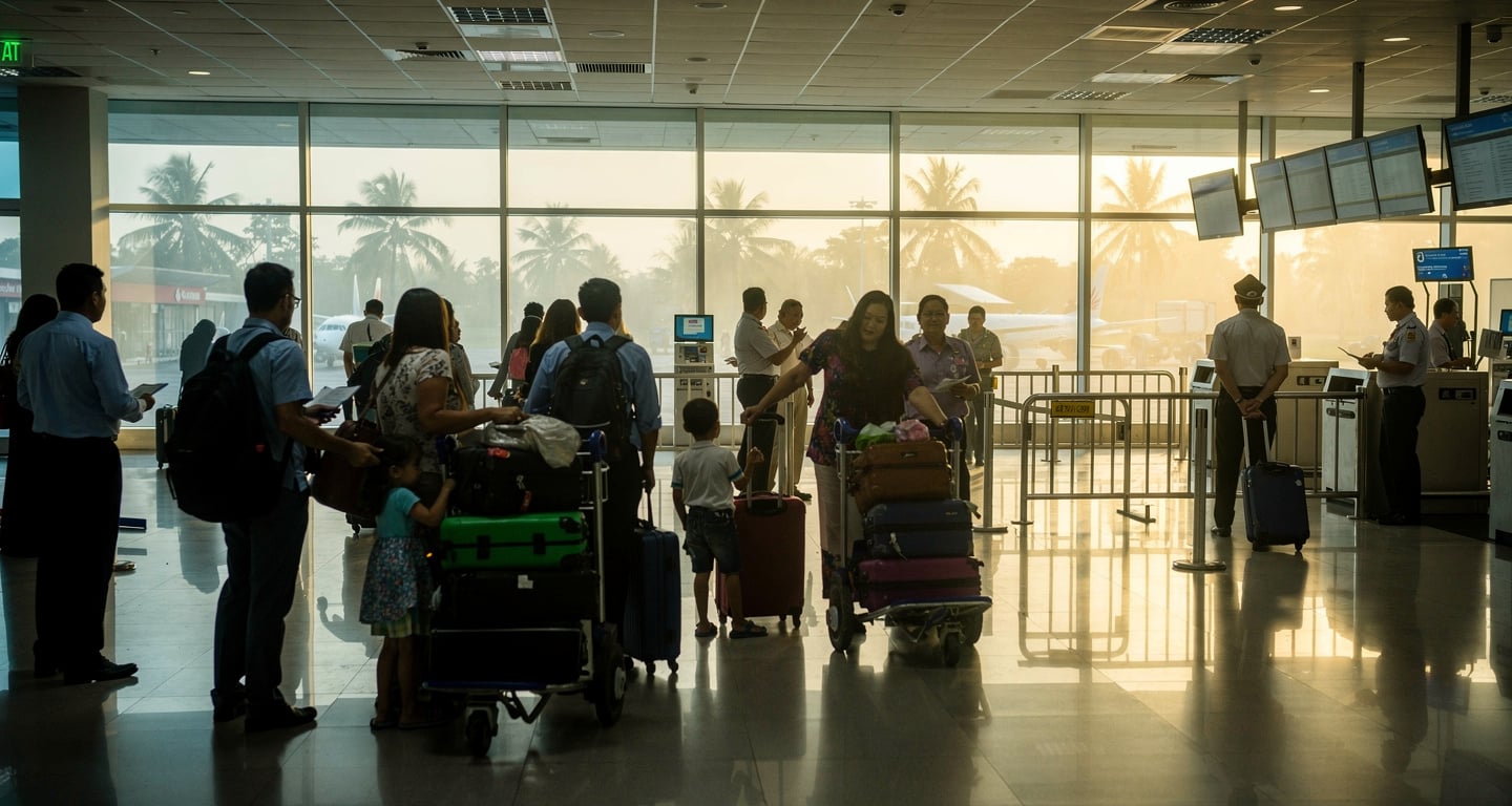 Returning overseas workers arriving at Manila airport terminal with luggage