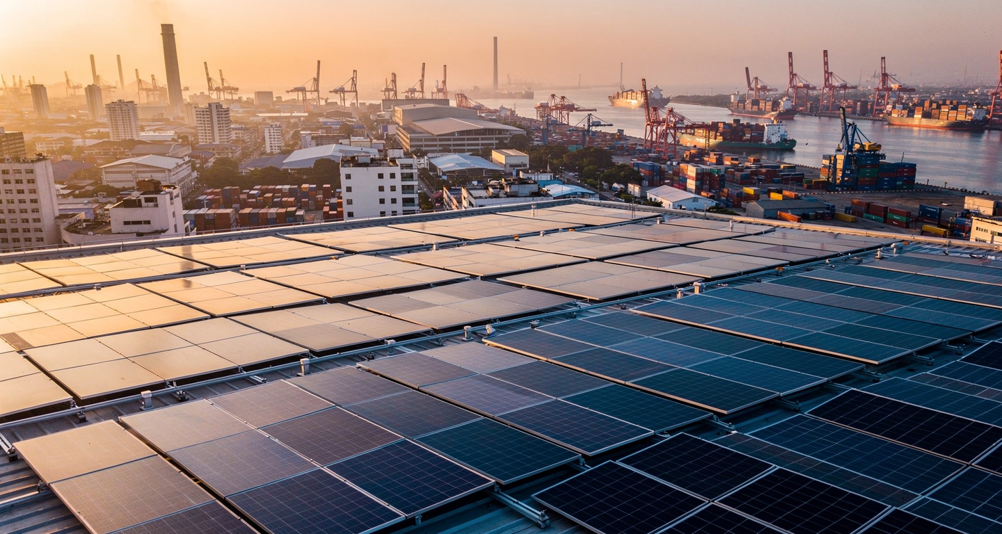 Rooftop solar panels overlooking industrial port city at dusk, Southeast Asia