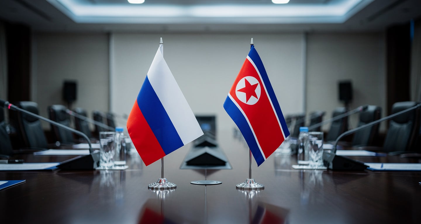 Russian and North Korean flags on diplomatic meeting table, formal government setting