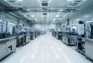 Semiconductor fabrication plant interior with precision manufacturing equipment, Gujarat, India