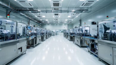 Semiconductor fabrication plant interior with precision manufacturing equipment, Gujarat, India