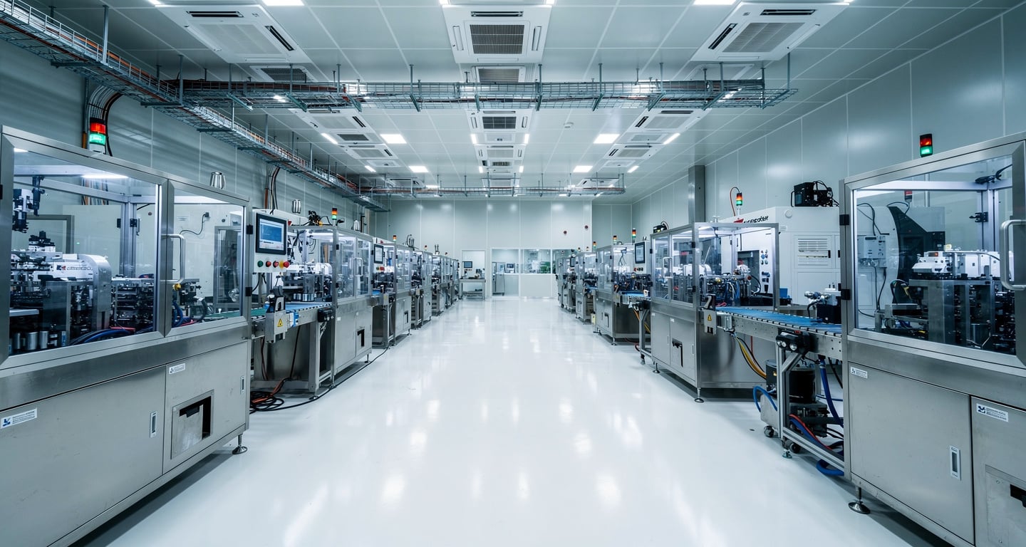 Semiconductor fabrication plant interior with precision manufacturing equipment, Gujarat, India