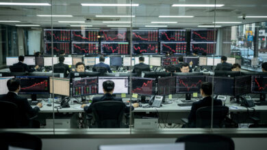 Seoul trading floor with red market indices on screens during market downturn