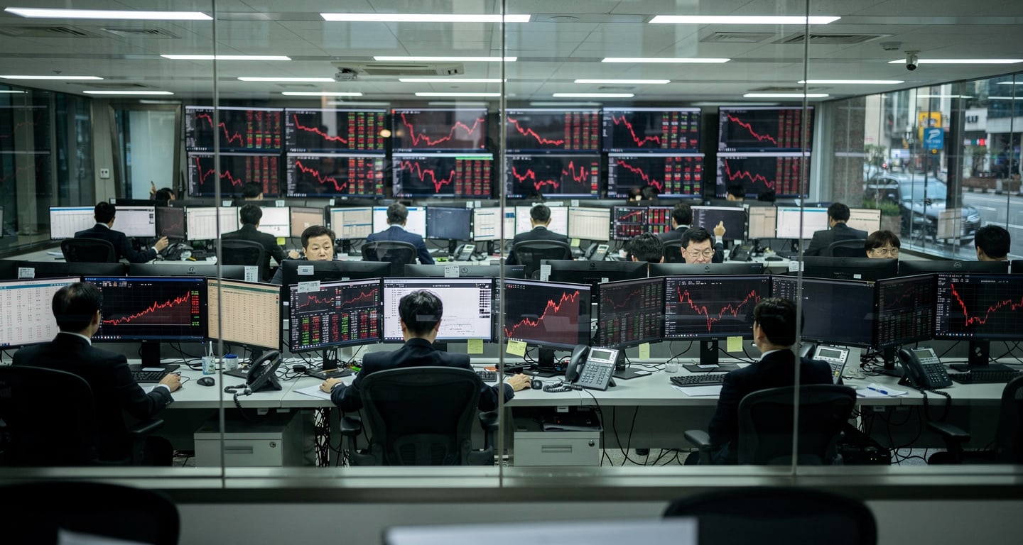 Seoul trading floor with red market indices on screens during market downturn
