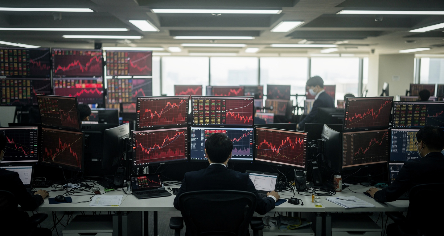 Seoul trading floor, red market screens, KOSPI crash, June 2026