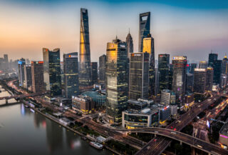 Shanghai Lujiazui financial district skyline at dusk with banking towers
