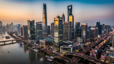 Shanghai Lujiazui financial district skyline at dusk with banking towers