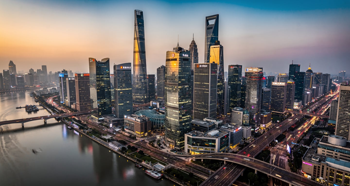Shanghai Lujiazui financial district skyline at dusk with banking towers