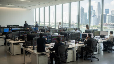 Singapore financial trading floor with multiple screens and Marina Bay skyline view
