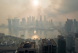 Singapore skyline obscured by transboundary haze, Marina Bay area with reduced visibility
