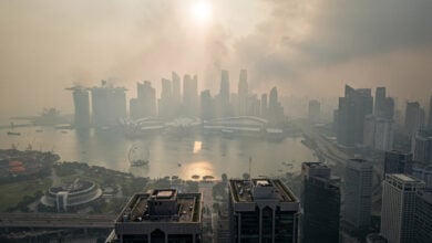 Singapore skyline obscured by transboundary haze, Marina Bay area with reduced visibility