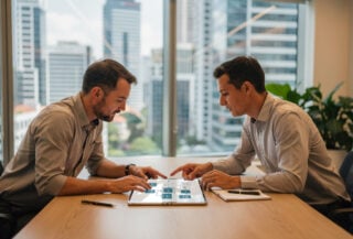 Small business owner and consultant reviewing AI workflows in Singapore office