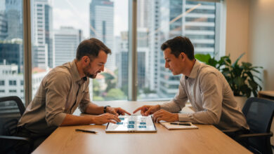 Small business owner and consultant reviewing AI workflows in Singapore office