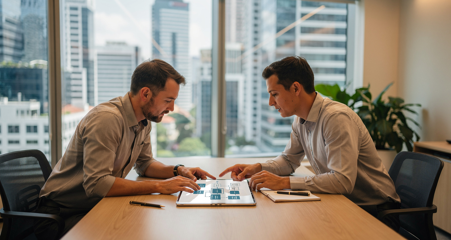 Small business owner and consultant reviewing AI workflows in Singapore office
