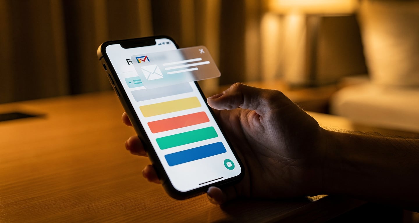 Smartphone showing hotel booking confirmation with email notification overlay