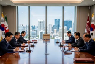 South Korean government officials in formal diplomatic meeting, Seoul office setting