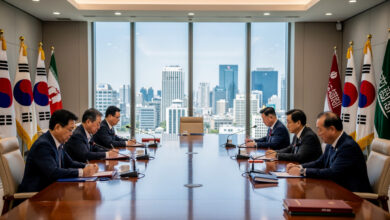 South Korean government officials in formal diplomatic meeting, Seoul office setting