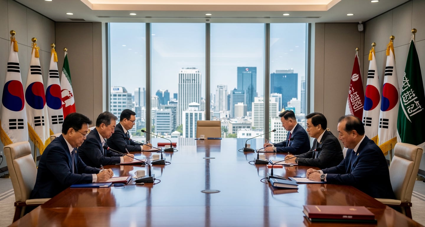 South Korean government officials in formal diplomatic meeting, Seoul office setting