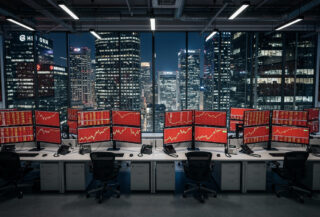 Stock exchange trading floor with falling market charts and red indices displayed on screens