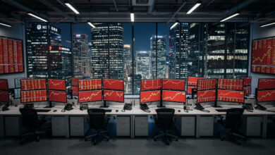 Stock exchange trading floor with falling market charts and red indices displayed on screens