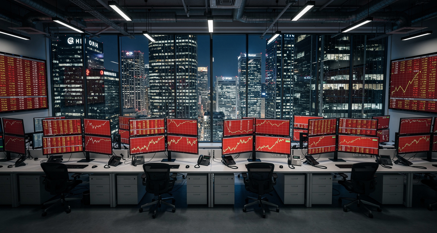 Stock exchange trading floor with falling market charts and red indices displayed on screens