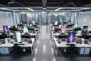 Streaming studio editing workstations with vertical video content and AI interfaces