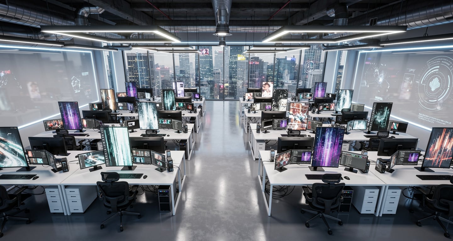 Streaming studio editing workstations with vertical video content and AI interfaces