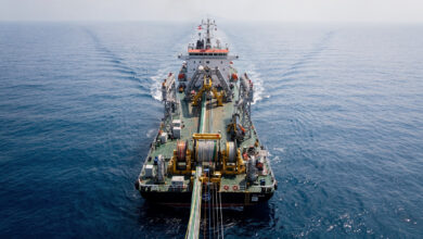 Subsea cable installation vessel deploying fibre-optic cables in South China Sea waters