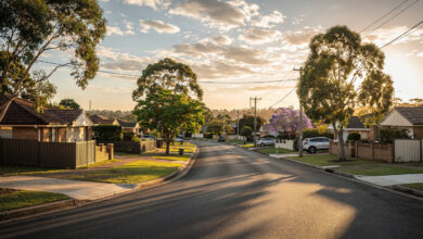 Suburban Brisbane street with detached family homes, outer suburbs