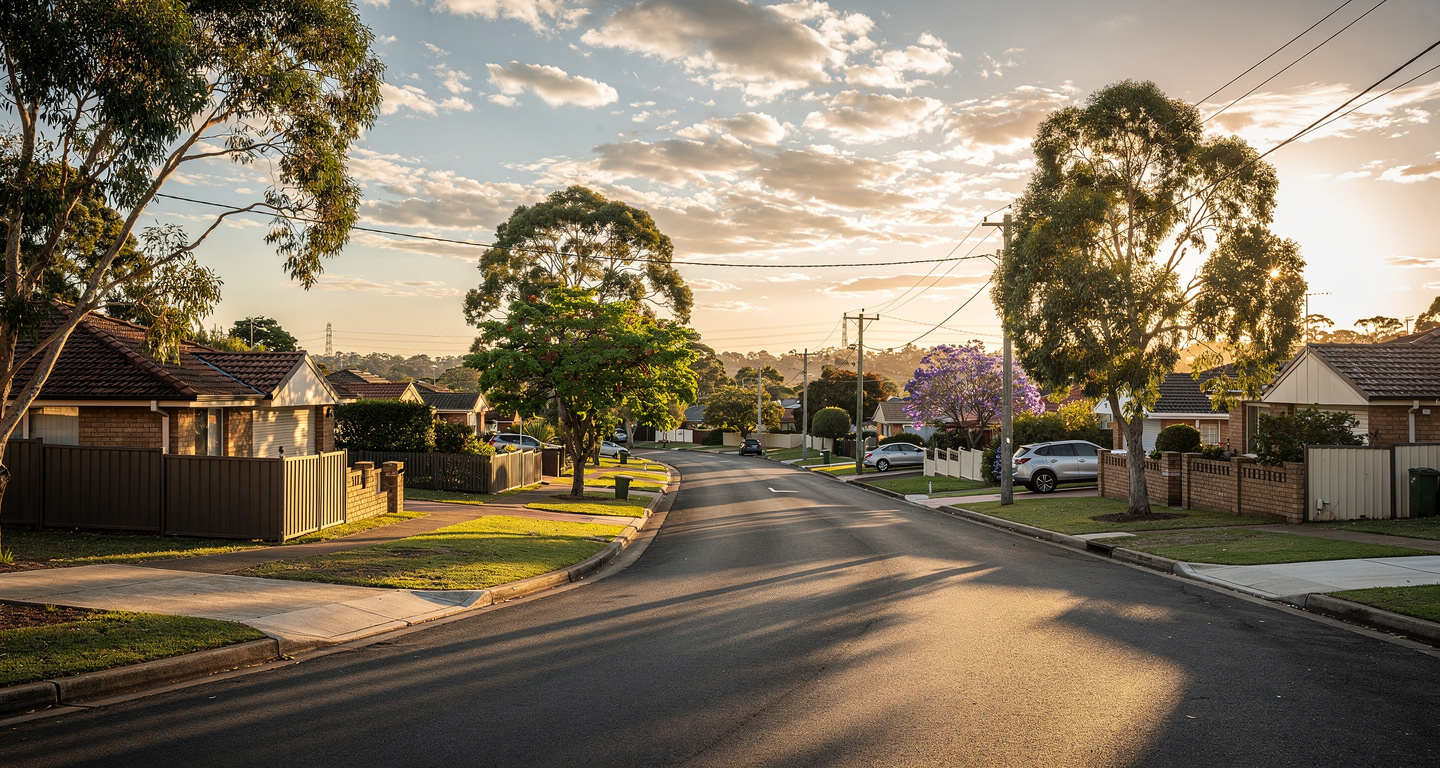 Suburban Brisbane street with detached family homes, outer suburbs