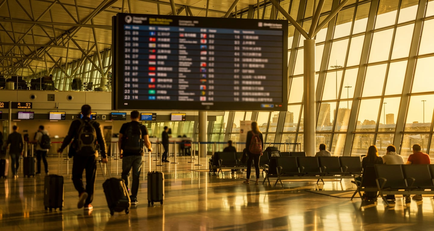 Sydney airport departure board showing Asian destinations, modern terminal with travellers