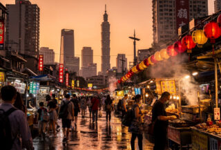 Taipei night market at golden hour with tourists shopping among illuminated stalls