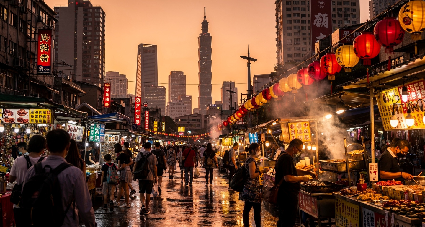 Taipei night market at golden hour with tourists shopping among illuminated stalls