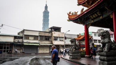 Taipei street temple with sparse daytime crowds, overcast light, quiet weekday atmosphere