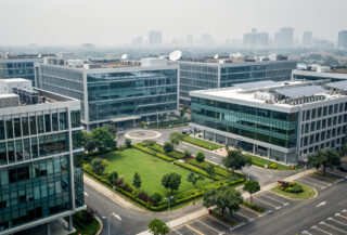 Tech office campus in Bengaluru, India with modern glass buildings and infrastructure