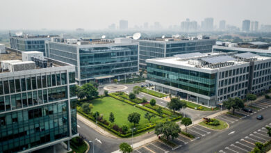 Tech office campus in Bengaluru, India with modern glass buildings and infrastructure