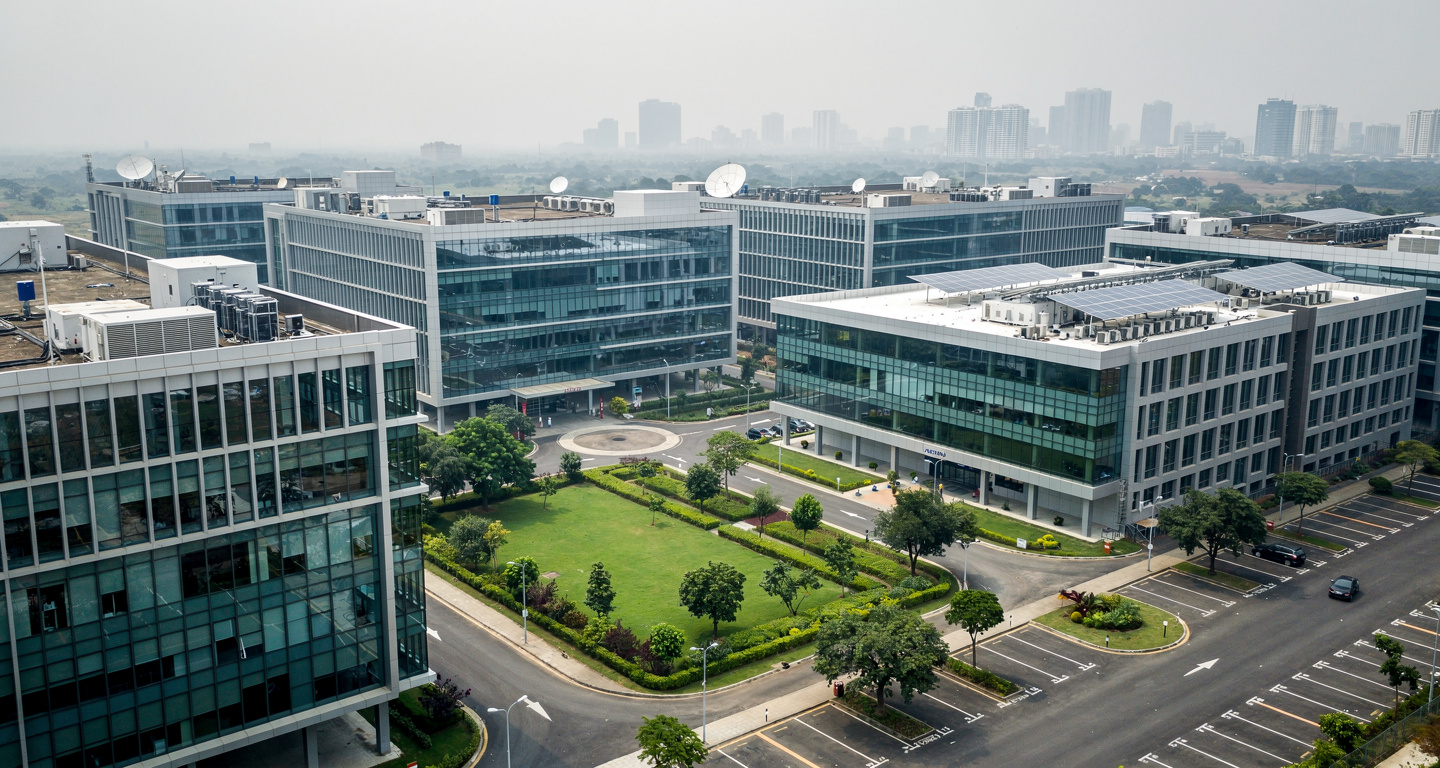 Tech office campus in Bengaluru, India with modern glass buildings and infrastructure