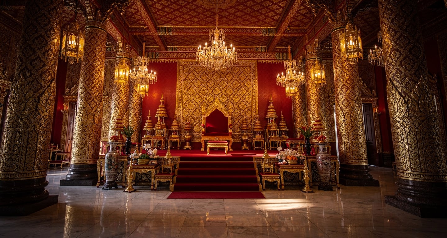 Thai royal palace formal ceremonial hall with ornate gold decoration and empty throne