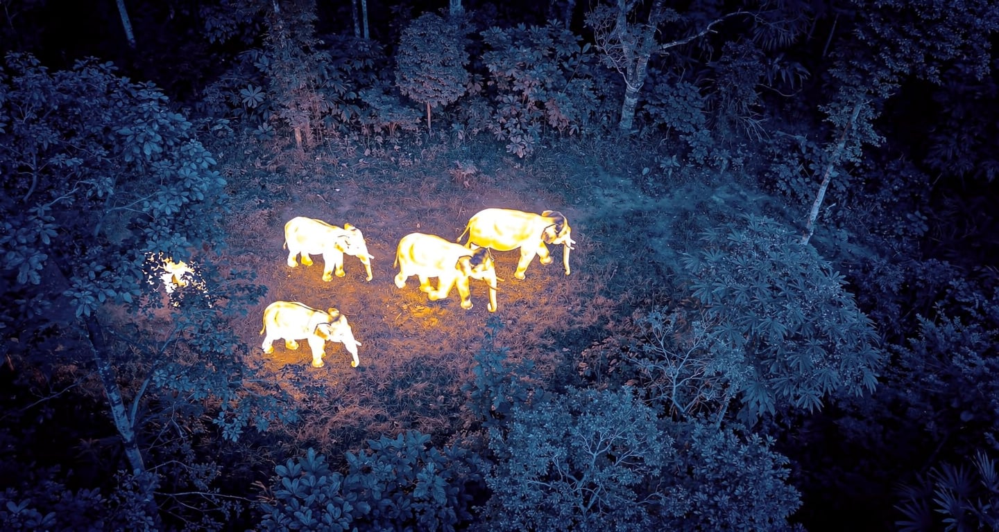Thermal infrared drone view of Asian elephant herd in Yunnan forest at night