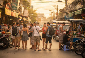 Tourist street in Da Nang, Vietnam, daytime with Western visitors and local vendors