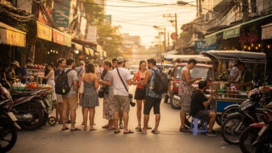 Tourist street in Da Nang, Vietnam, daytime with Western visitors and local vendors