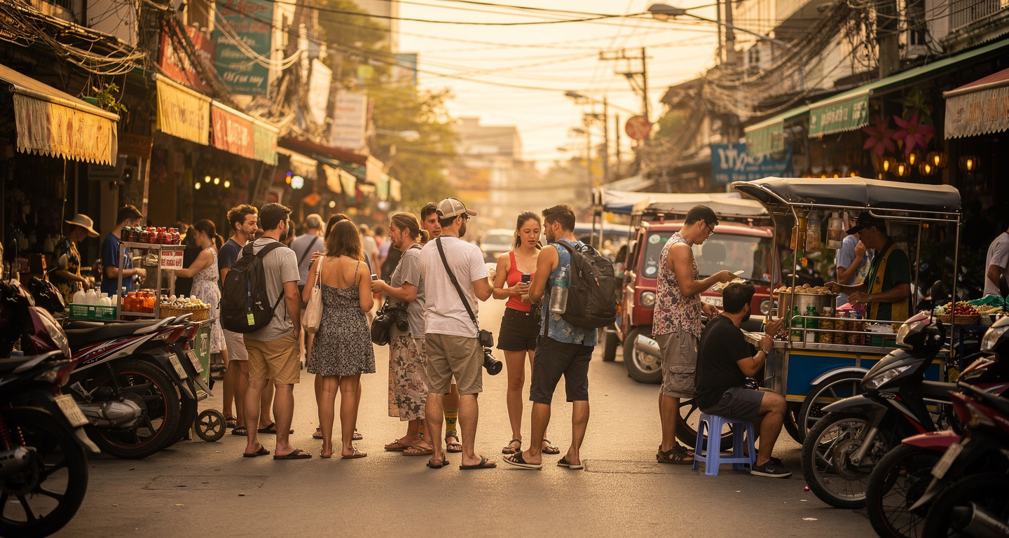 Tourist street in Da Nang, Vietnam, daytime with Western visitors and local vendors