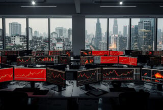 Trading floor with red market data displays, Mumbai and Taipei skylines visible