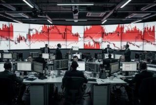 Trading floor with red market indices and oil price charts displayed on screens